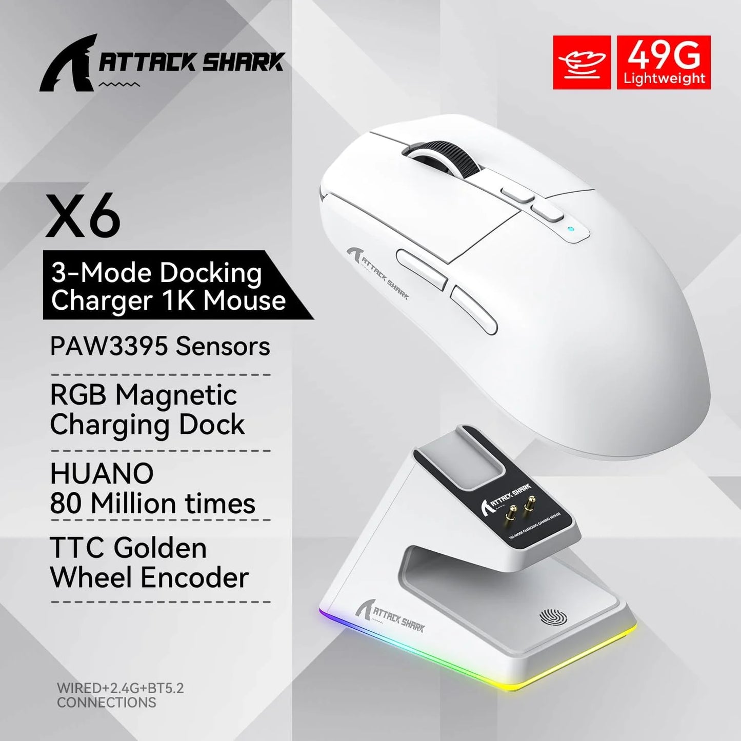 ATTACK SHARK X6 49g Superlight Mouse with Magnetic Charging Dock, PixArt PAW3395 Gaming Sensor, BT/2.4G Wireless/Wired with Tape