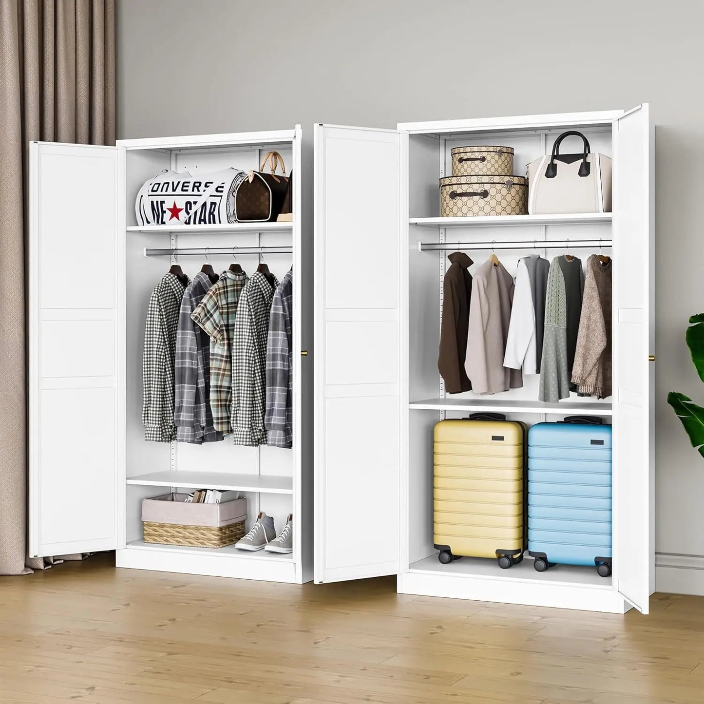 Wardrobe Closet with 2 Doors, 72" Metal Clothing Storage Cabinets with Hanging Rod, Bedroom Armoires Laundry Room, Customized