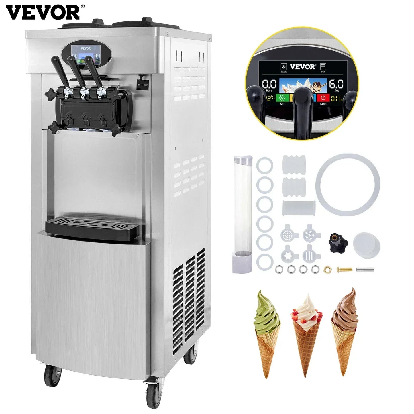 VEVOR 2200W Pre-cooling Commercial Soft Ice Cream Machine 3 Flavors Snack Shop Cafe 2+1 Flavors Vertical Soft Ice Cream Machine
