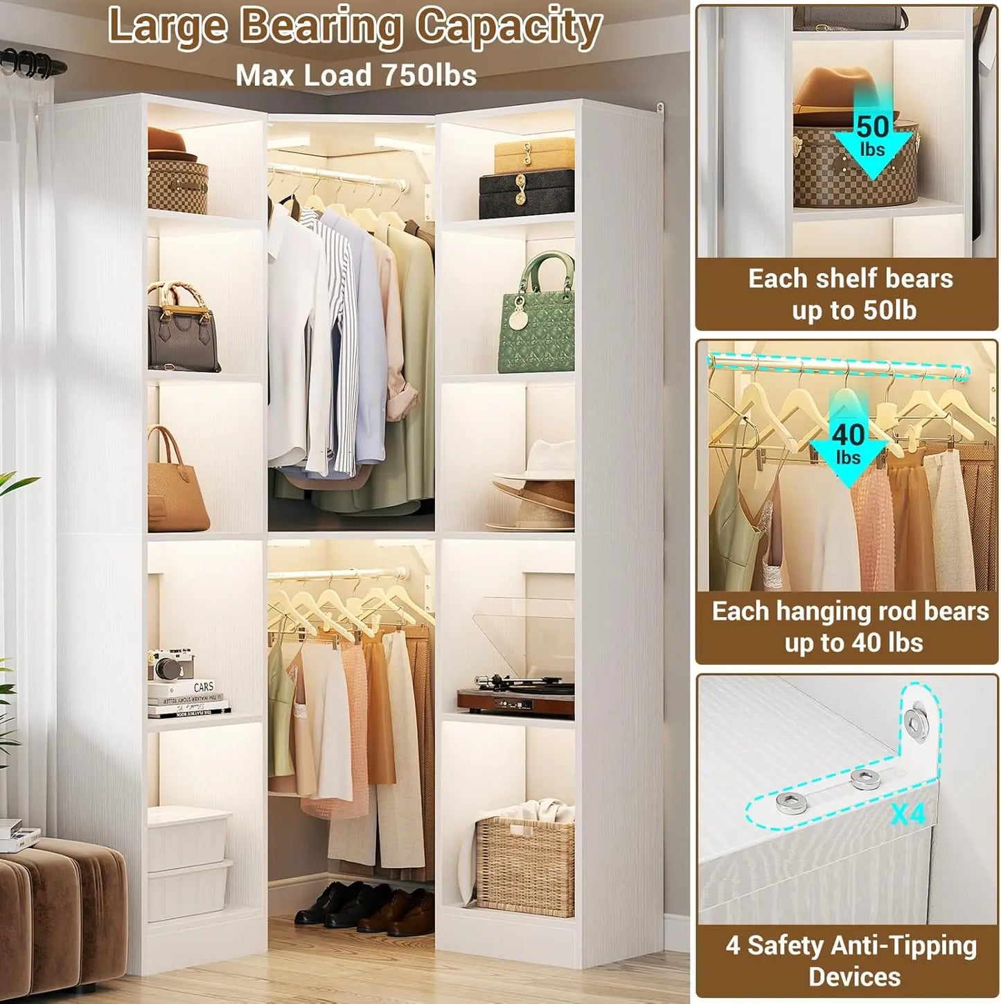 Corner Closet System With 12 Shelves, 40" Large Organizer With 2 Hanging Rods, Versatile 6-Tier Walk-in Closet For Corner Space,