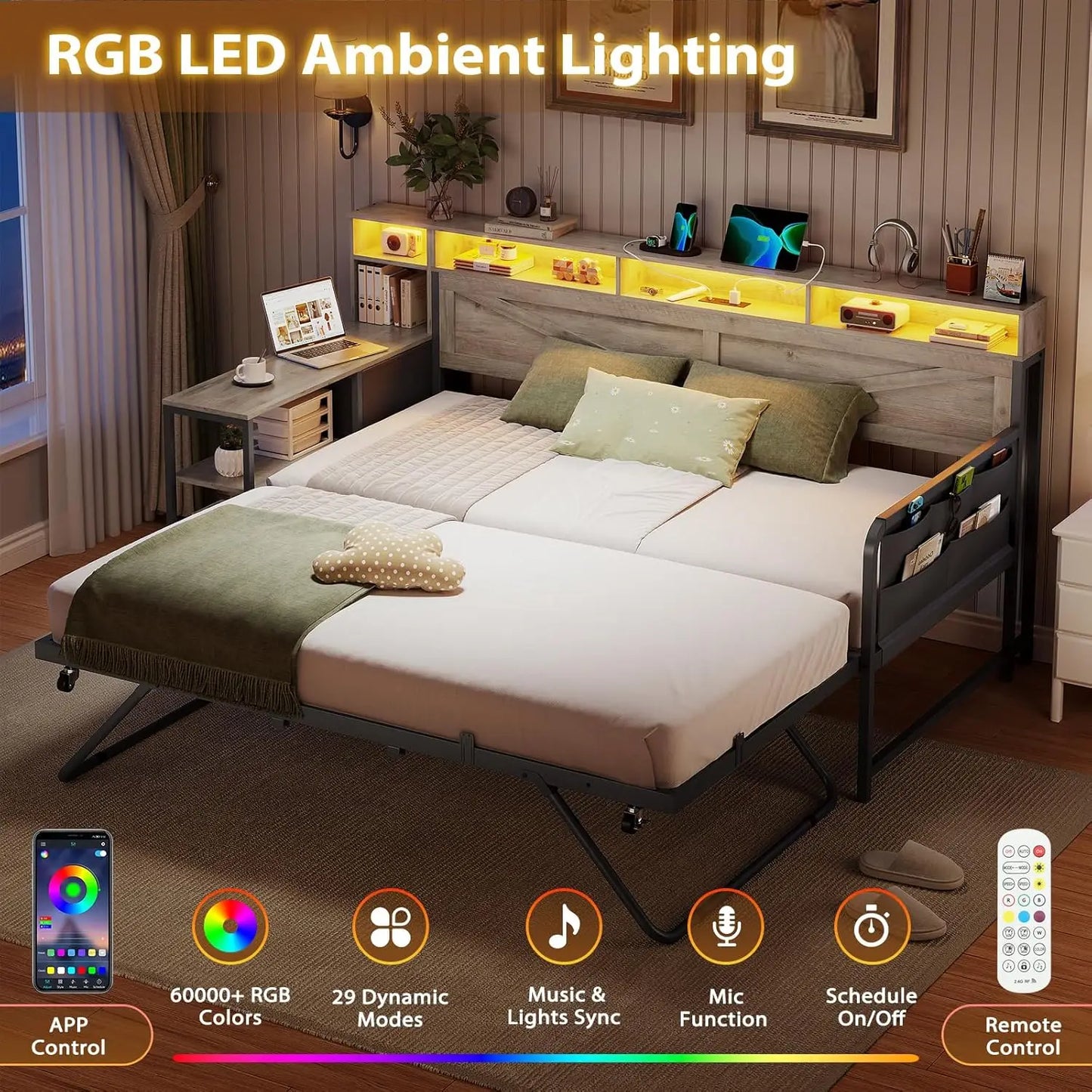 Daybed Twin with Pop Up Trundle, Farmhouse Wooden Day Bed Frame with 3 Storage Drawers and Shelves, Twin to King Daybedy