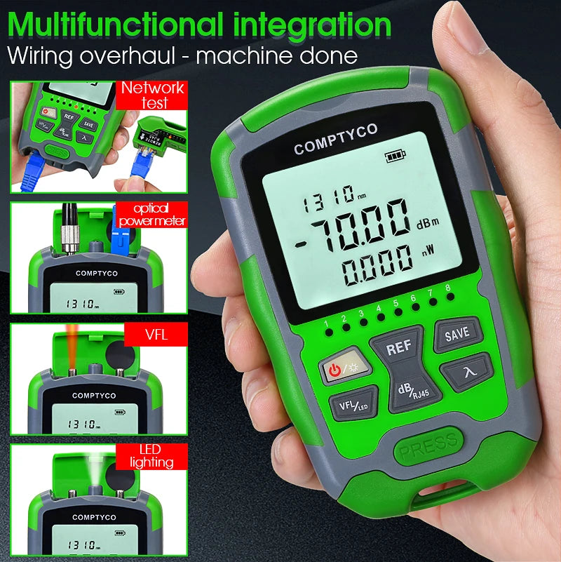 FTTH Rechargeable Fiber Tester 4 in 1 Mini Optical Power Meter -70~+10dBm&15mW Visual Fault Locator&Rj45 Network Test&LED Light