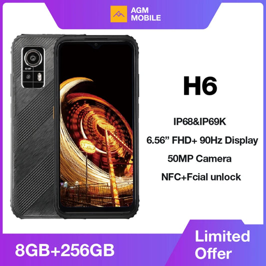AGM H6 Rugged Smartphone  50MP Camera, 8GB+256GB, 90Hz 6.56' FHD+ Display Waterproof/Dustproof/Shockproof - Endurance Battery