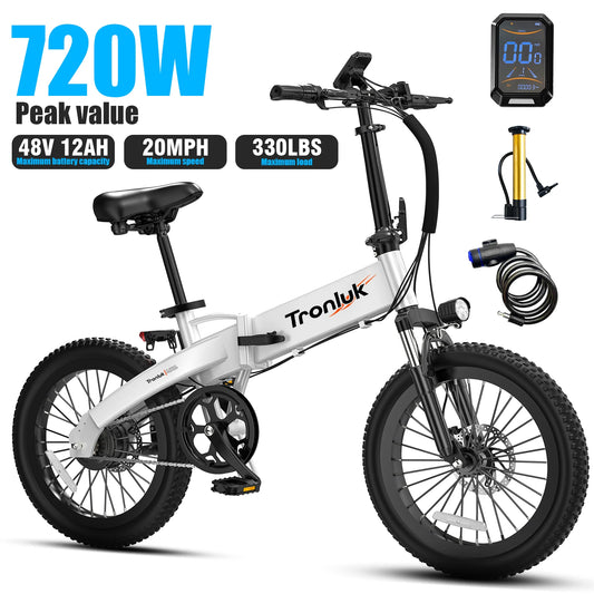 20-inch Fold 720W Peak Motor Electric Bike 20 Mile Range 20MPH 48V 12AH Max Load 330 LBS Front and Rear Disc Brakes LED Display