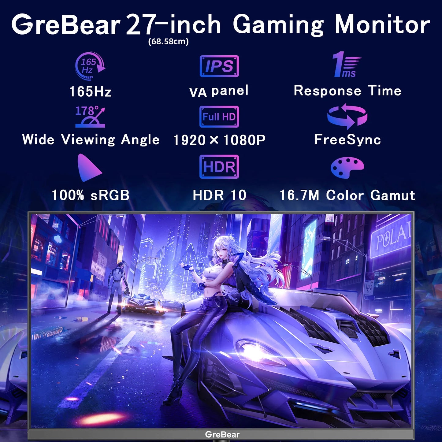 Grebear 27 inch  monitor 165hz,PC Home Office Computer Gaming Monitor FHD1080p,99% SRGB,Built-in Speakers