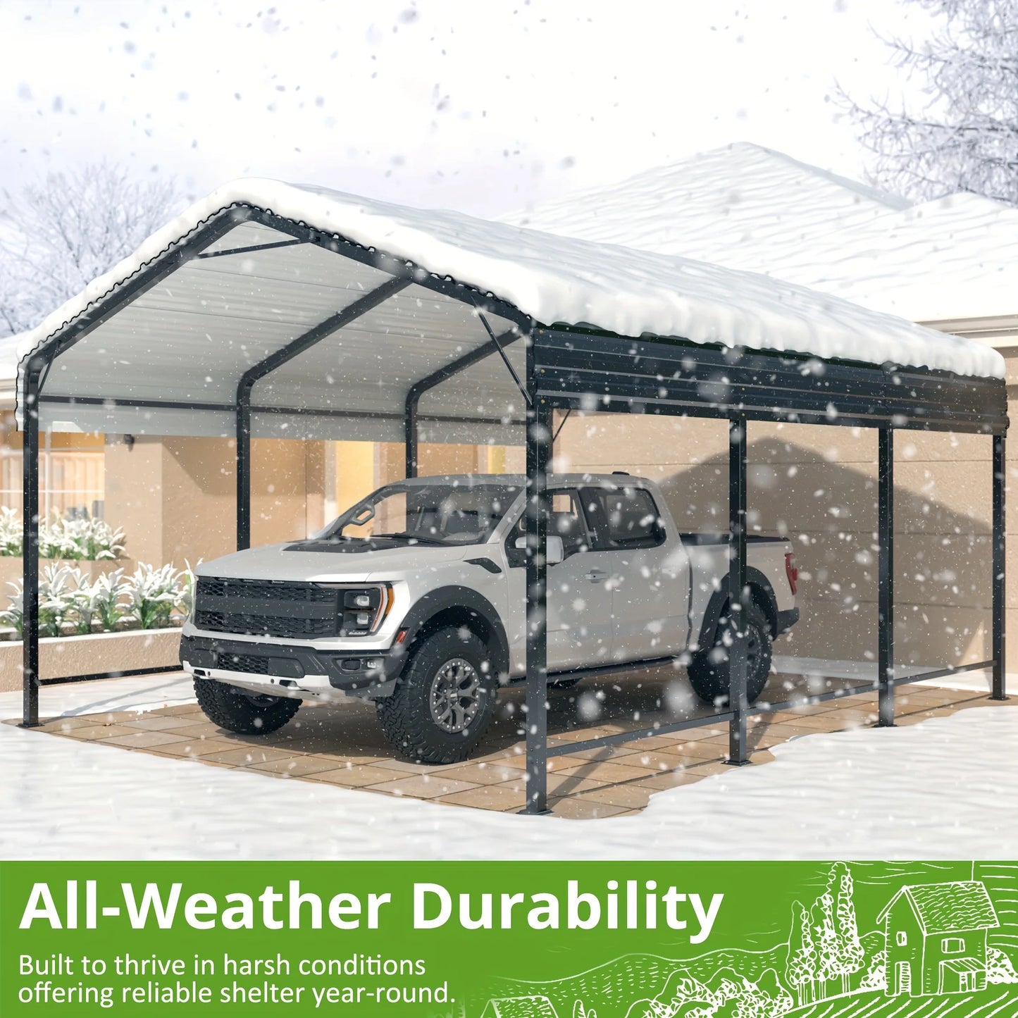 Polar Aurora Carport 10x15 FT Metal Carport with Enhanced Base Outdoor Heavy Duty Garage Galvanized Car Shelter for Pickup