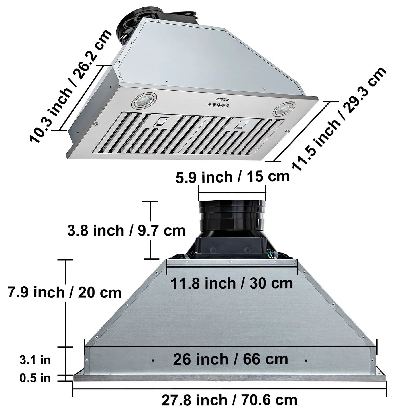 VEVOR Built-in Range Hood 800/900CFM 3/4-Speed 30/36 Inch Stainless Steel with LED Lights Baffle Filters Ducted Convertible ETL