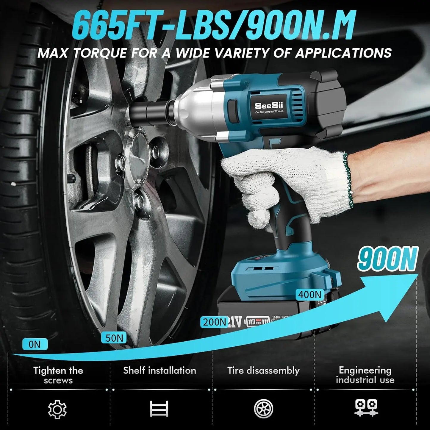 Seesii WH710 Cordless Electric Impact Wrench 1/2" for Car 665Ft-lbs(900N.m) Brushless 3300RPM High Torque Gun 2x 4.0Ah Battery