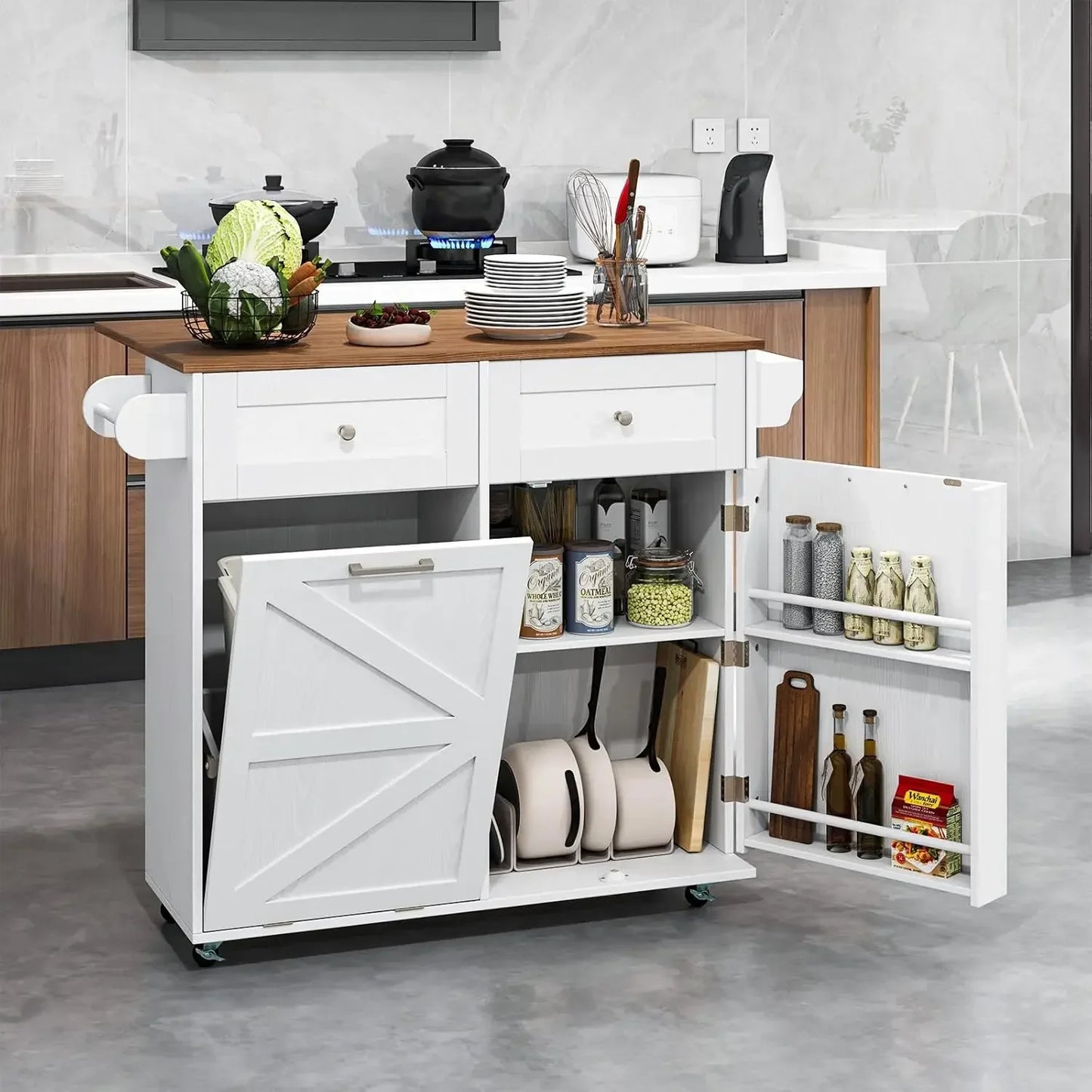 Rolling Kitchen Island with Trash Can Storage Cabinet, Drop Leaf Breakfast Bar Table, Towel Holder, 2 Drawers & Door Racks