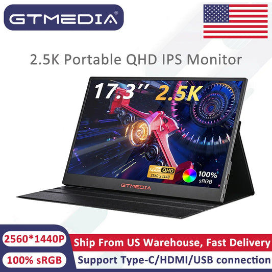 GTMEDIA 2.5K QHD IPS Portable Monitor 17.3 Inch 2560x1440P Quarter HD Screen External Display for phone/PC/laptop/Xbox/PS5/PS4