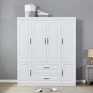 Wooden Armoire Wardrobe Closet：Modern Armoire Wardrobe Closet with 4 Doors, 2 Drawers and Hanging Rods for Tall Cabinet, Large C