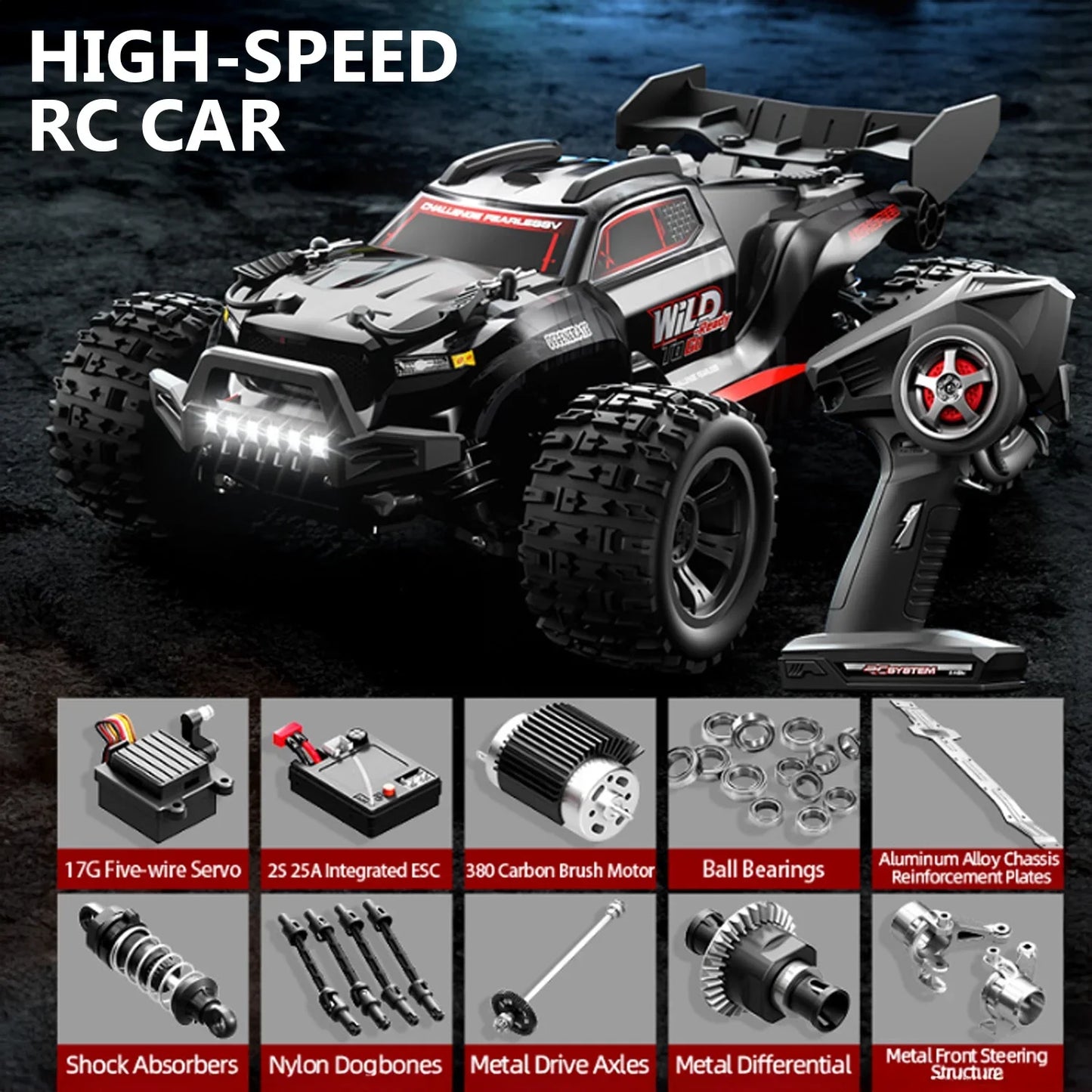 1/16RC Offroad Truck-Durable Beginner RC Car, High Speed 40 Km/h, Remote Control Monster Truck with 2 Rechargeable 7.4V 1500 mAh
