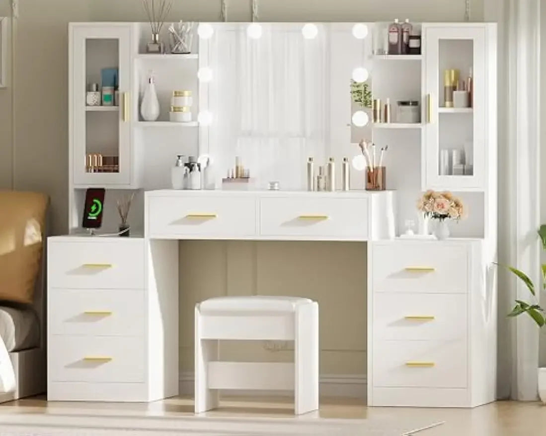 [Discounted Price!]59.1" Large Vanity Desk Table with Mirror & Lights White Makeup Vanity with Power Outlet and 8 Drawers 3 Ligh