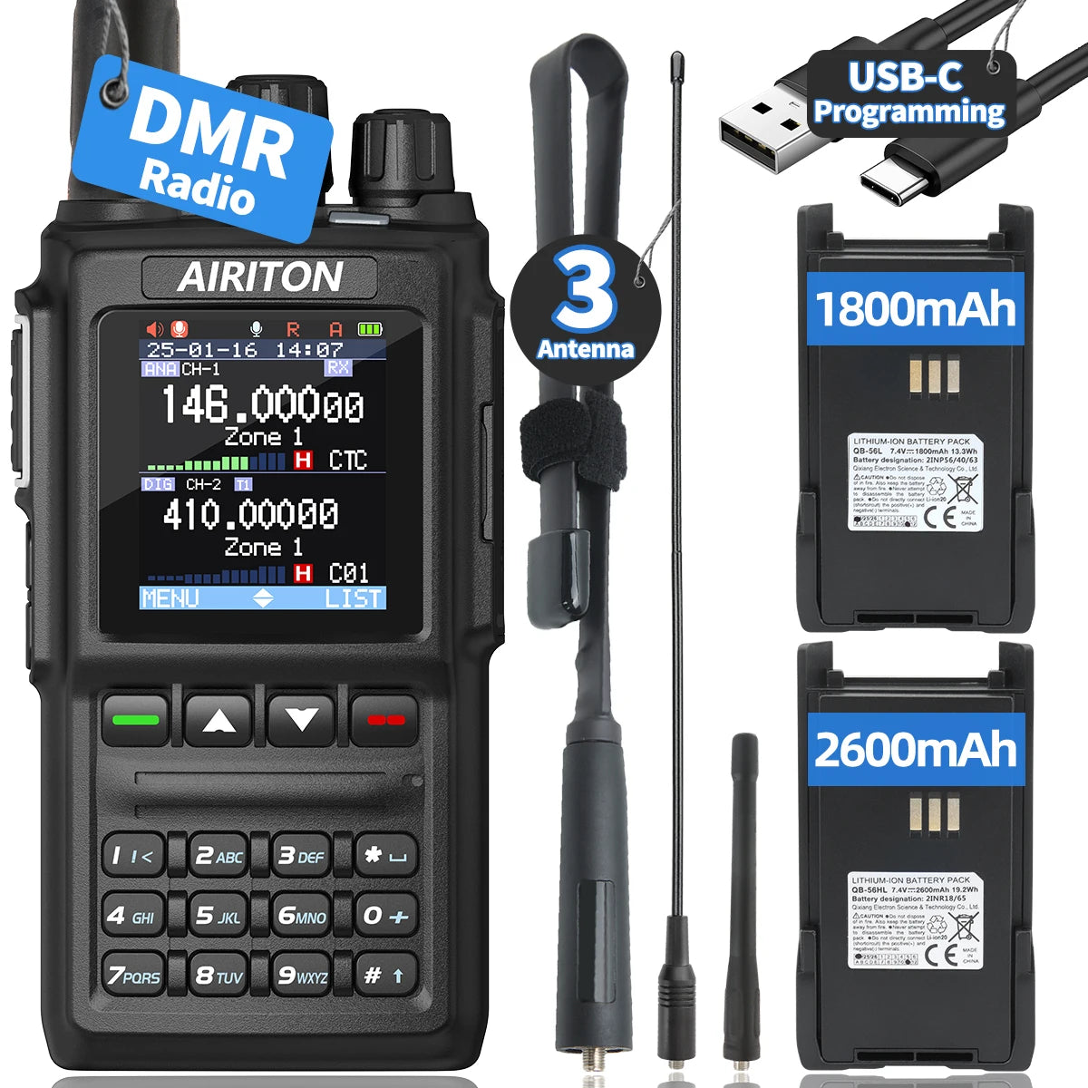 DM-168 Walkie Talkie AES256 Encryption DMR Digital and Analog Dual Band FM Amateur AT-D168UV Two Way Radio with USB-C charging