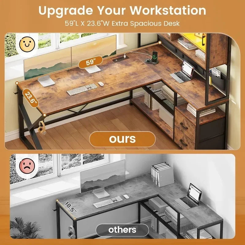 home.L Shaped Gaming Desk with LED Light new.L Shaped Computer Desk, Home Office Desk with 2 Drawer and Bookshelf,.new