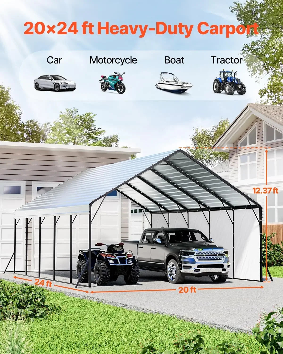 20x24 ft Heavy Duty Metal Carport, Outdoor Car Shelter with Removable PE Sidewalls, Steel Frame Garage for Car, Truck, Boat