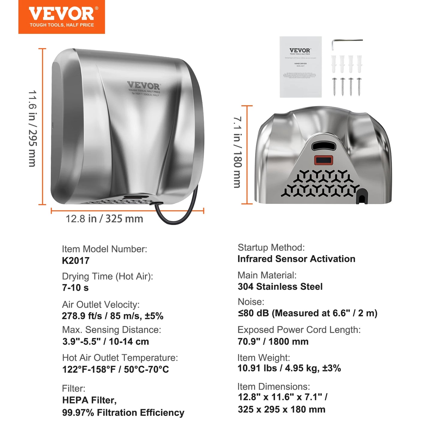 SucceBuy Heavy Duty Commercial Hand Dryer 1400W Automatic High Speed Warm Wind Hand Blower Built-In Filter Sponge for Home