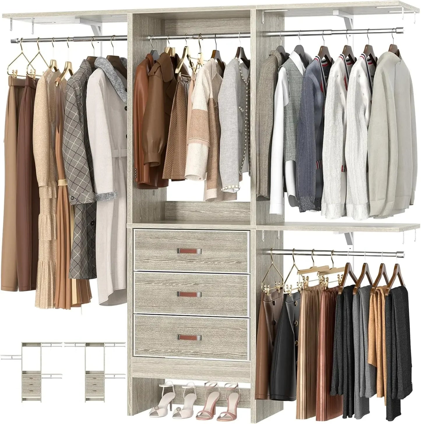 5FT Small Closet System, 60" Walk-In Closet Organization System, Adjustable Shelves, 59"L X 16"W X 71"H, White