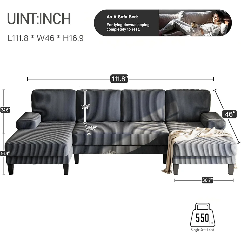 112'' Corduroy U Shaped Couch with Sleeper Lounge Chaise, 4 Seat Modern Comfy Sectional Sofa Couches for Living Room