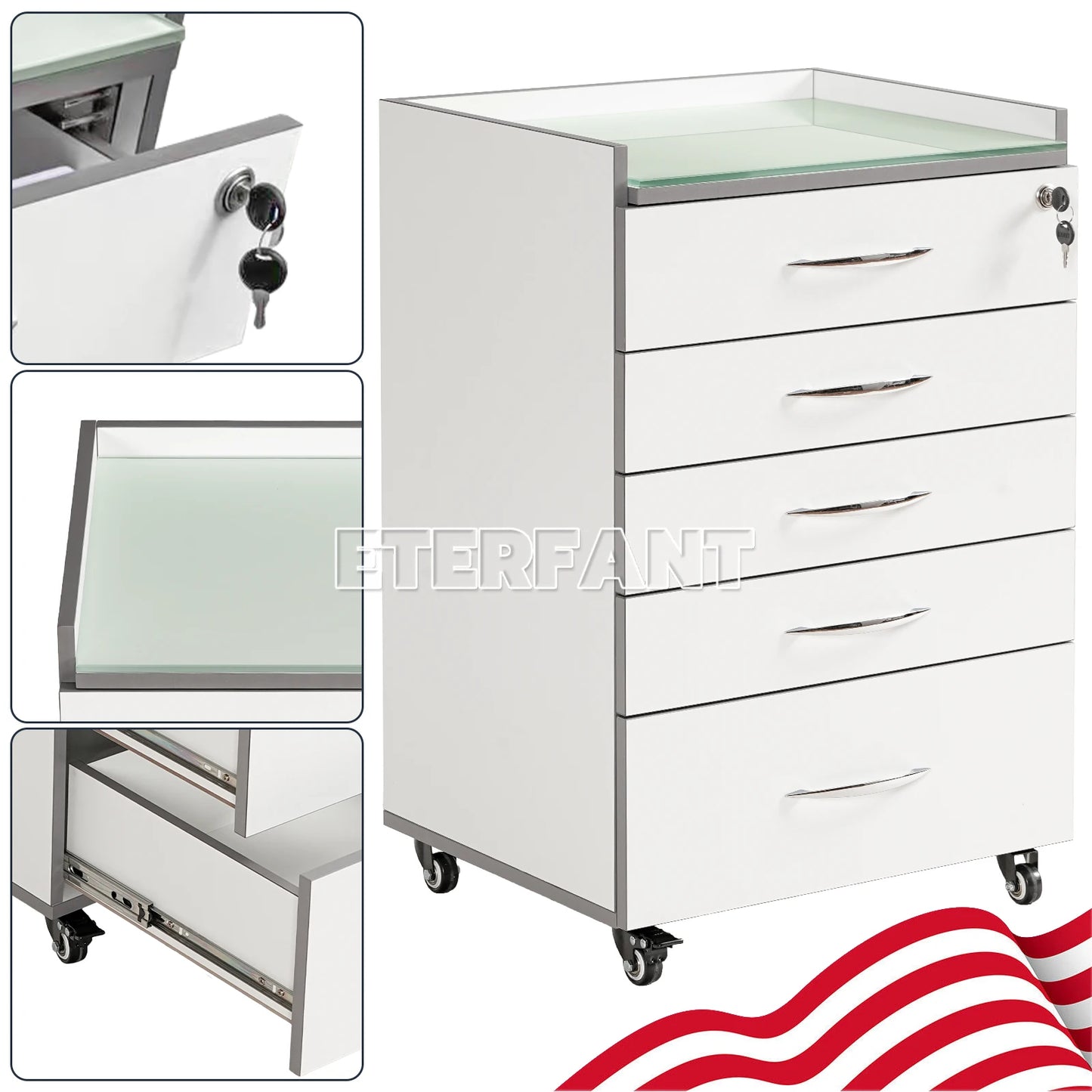 ETERFANT Dental Cabinet Rolling Medical Trolley Mobile Wooden Cart with Socket 5 Drawers Tempered Glass Tabletop Engineered Wood