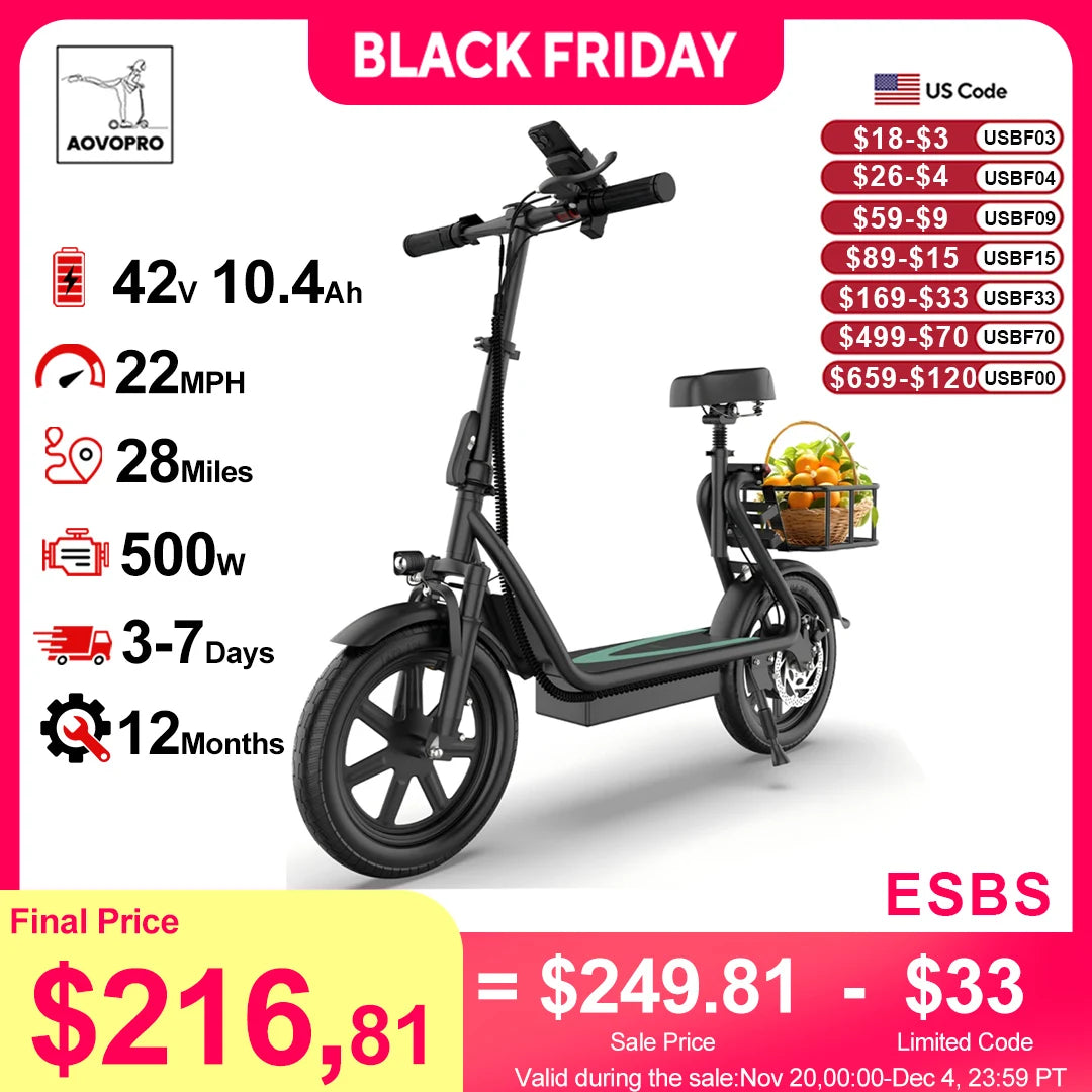 AOVOPRO ESBS 500W 14inch Electric Bicycle 10.4AH Battery 28Miles Max Range 22MPH Max Speed Shock Absorption Foldable Adult Ebike
