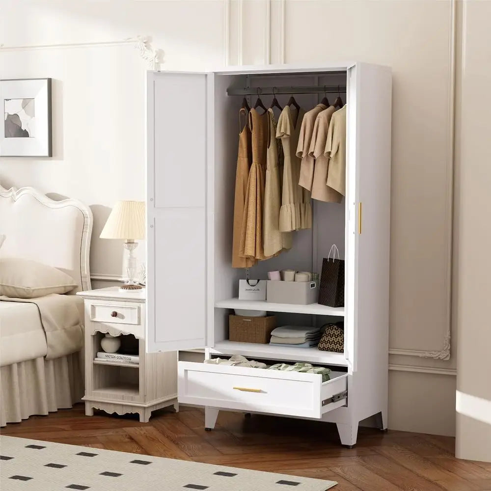 Metal Wardrobe Closet or Bedroom, 71" reestanding Armoire Wardrobe with Der and Shel, Hanging Rod Clothing Storage Cabinet with