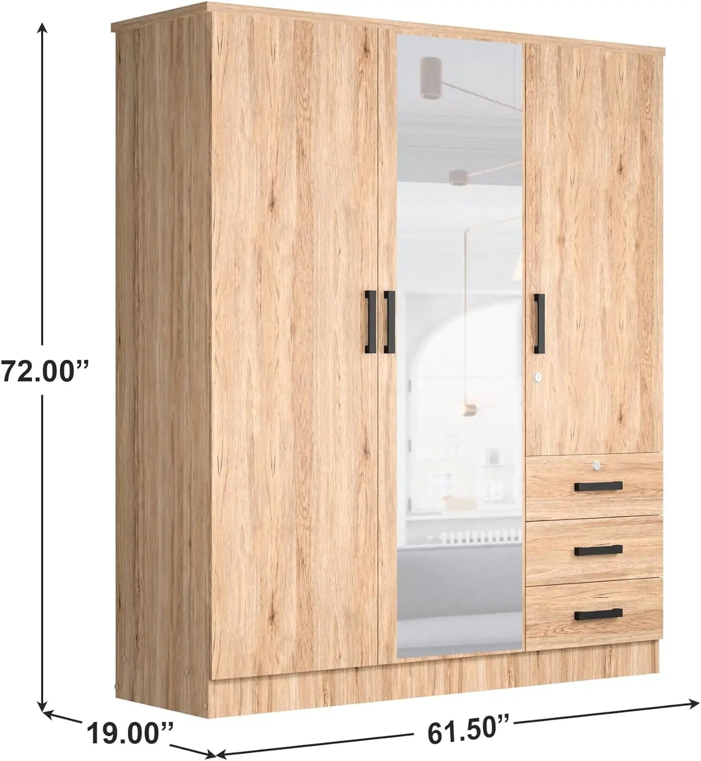 3 Door Wardrobe Closet With Mirror & Drawers Natural Oak Finish, Customized
