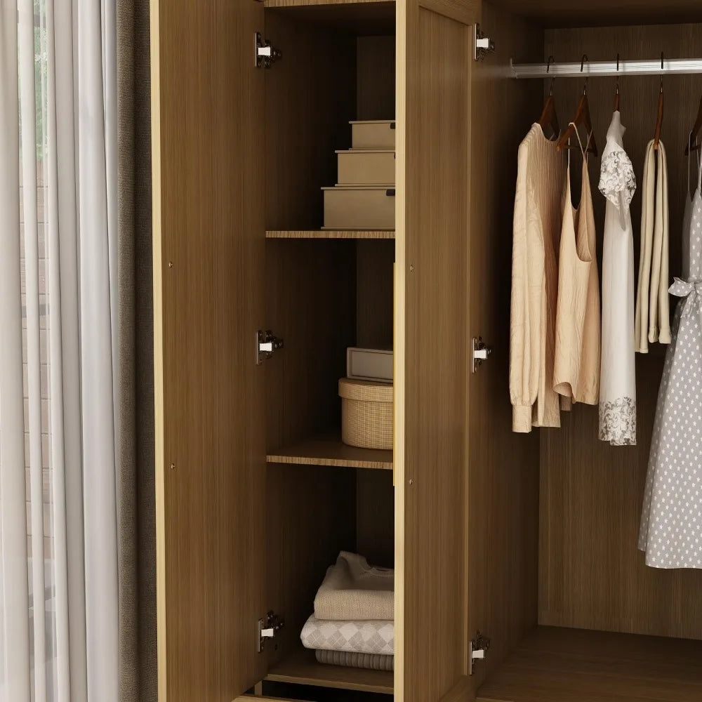 Wardrobe Closet with Mirror, 3 Door Wardrobe with Hanging Rod, 4 Drawers, Shelves, Modern Bedroom Armoire with Gold Handle, Oak