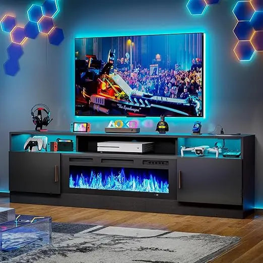 70" Fireplace TV Stand with Power Outlet for TVs UP to 80", Electric Fireplace Entertainment Center with LED Lights & Storage C