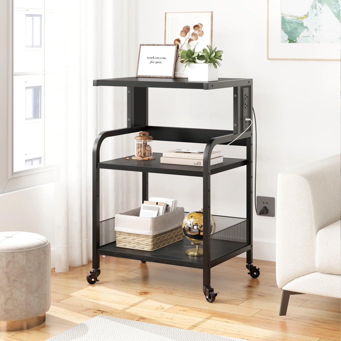 3-Tier Mobile Printer Stand Adjustable Storage Shelf with Charging Station 360° Rotating Wheels Sofa End Table for Home Office