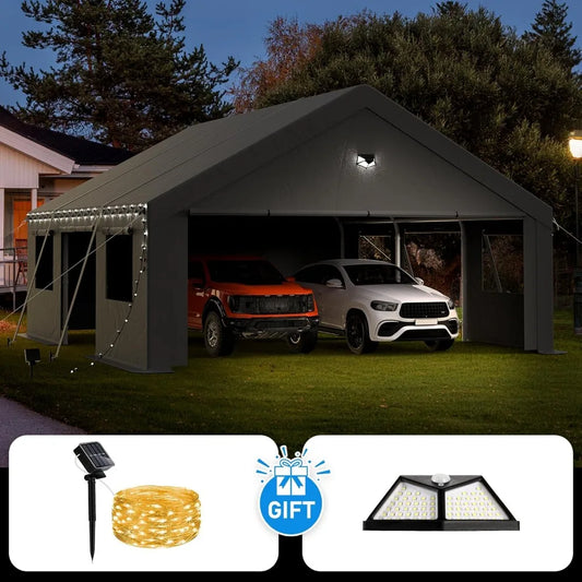 20x20 Carport Canopy, Heavy Duty Car Ports with Sidewalls, Portable Garage Carports with Roll Up Zipper End & Side Doors