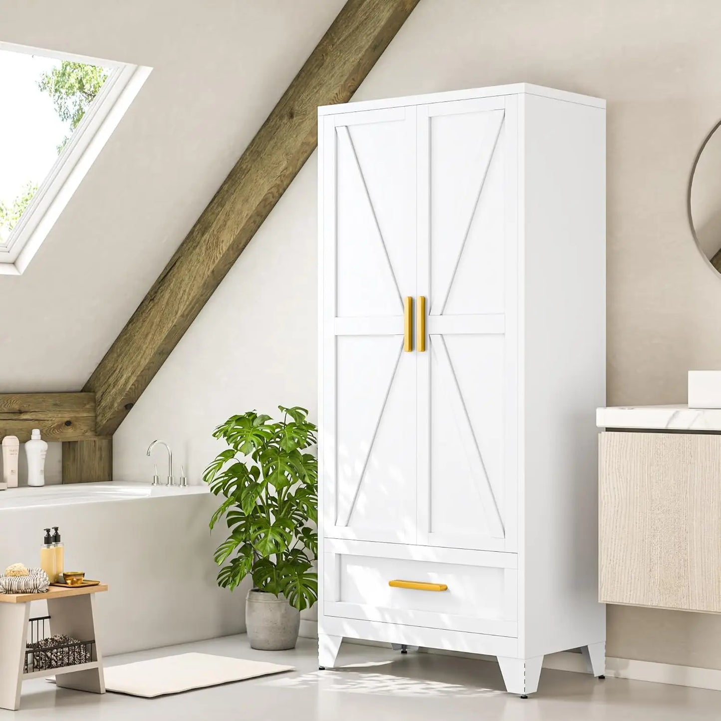 71" White Metal Wardrobes Closet With Hanging Rod and Drawers,Barn Doors, Adjustable Shelves For Home, Bedroom, Laundry room