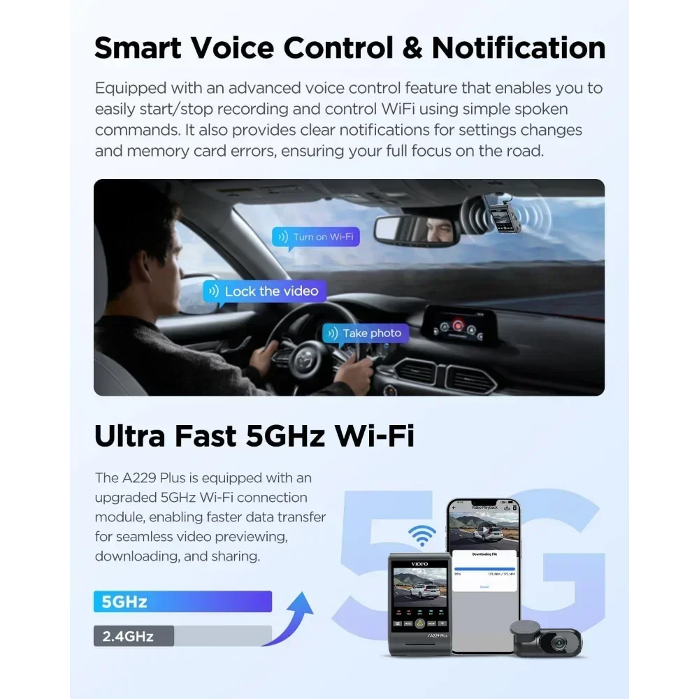 home.A229 Plus Dash Cam with Dual STARVIS 2 Sensors, 2 Channel HDR, 1440P+1440P Front and Rear, Voice Control Car Dash Camera
