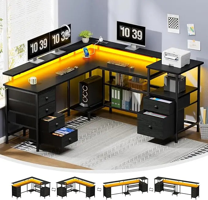 66" L Shaped Gaming Desk with 6 Drawers & Printer Storage Shelves, Reversible Computer Corner Desk with Power Outlets&LED Light