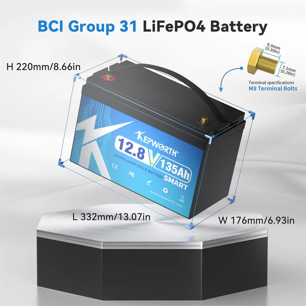 12V 135Ah Lithium Battery With 100A Bluetooth BMS with Low-Temp Protection, Perfect for RV, Solar, Boat, Marine, Trolling Motor