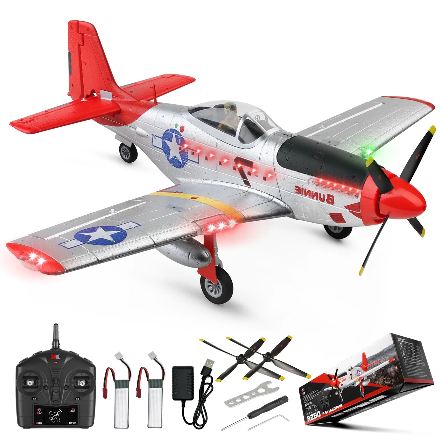 WLtoys XK A280 RC plane,P51 Mustang 4-CH RC Airplane with Lights,6G/3D Brushless Remote Control Airplane,Suitable for adults