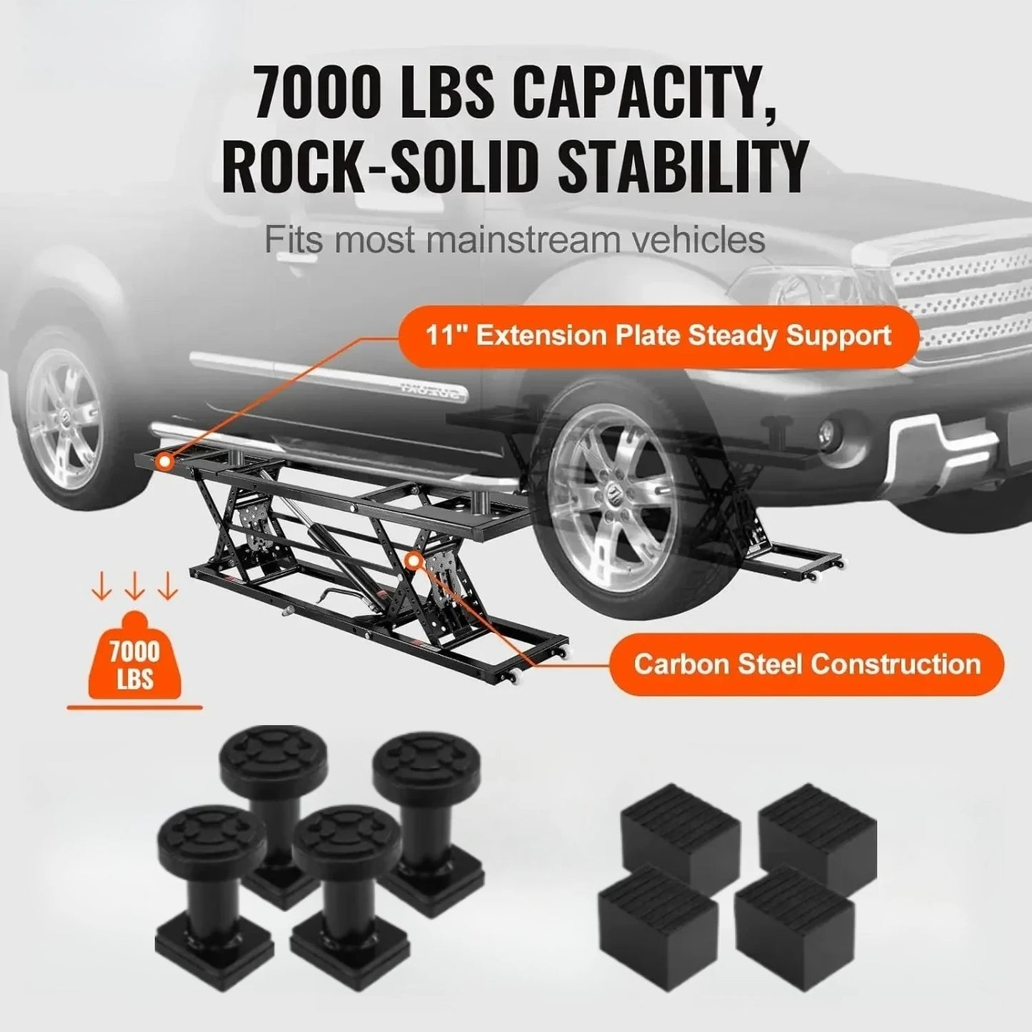 Heavy-Duty Carbon Steel Truck Lift 7000 LBS Capacity Portable Car Lift, 26.8" Max. Height, with Extended-Length Plates