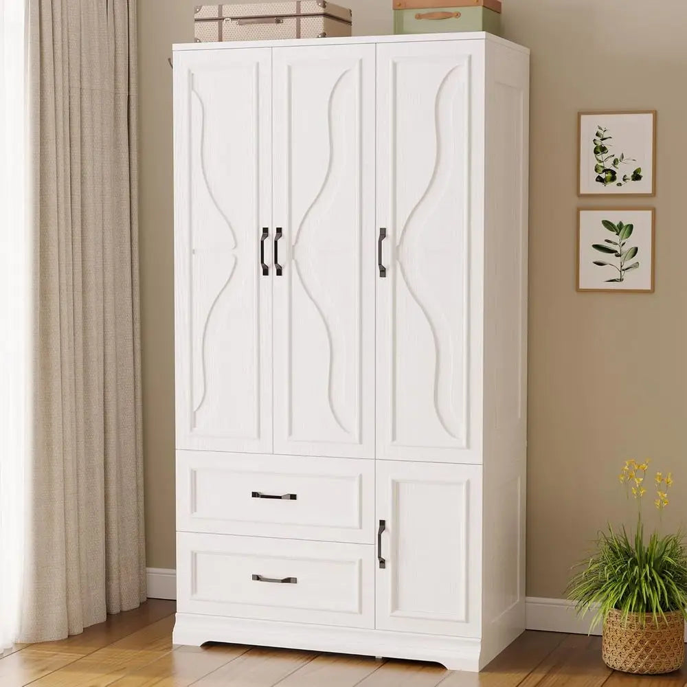 Armoire Wardrobe Closet with 4 Doand Ders, White | Wardrobe Cabinet with Storage Shelves and Side Hooks, Clothing Storage Cabine