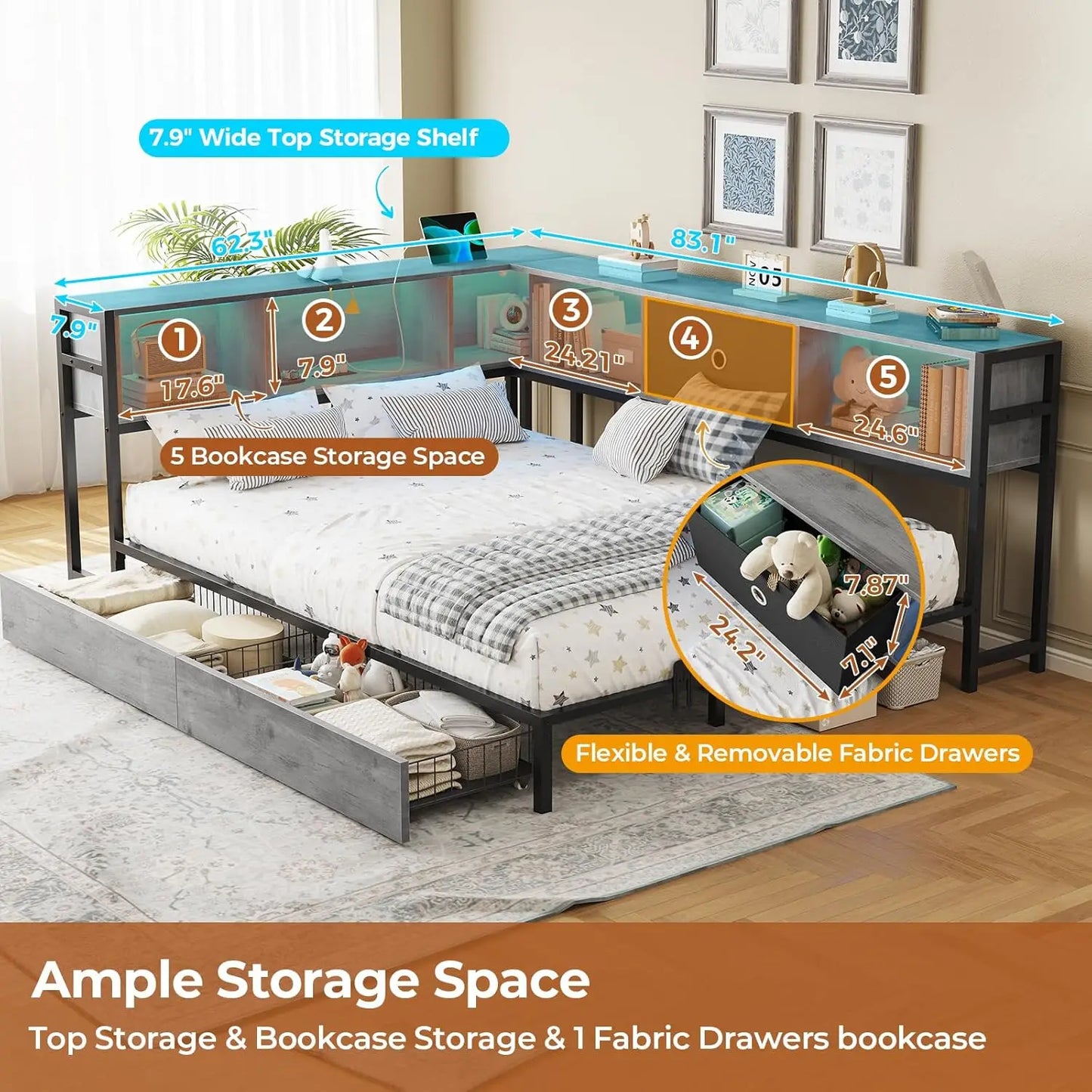 Corner Full Bed Frame with Bookcase Storage and Led Lights Full Size Metal Platform Bed Frame with Storage Drawers & Charging