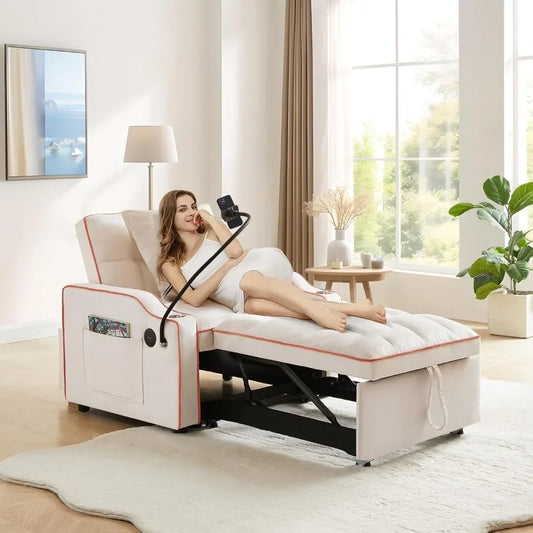 "Convertible Sleeper Chair Bed, 3-in-1 Velvet Futon Sofa with Phone Holder & USB Ports, Pull-Out Design & Adjustable Recline for