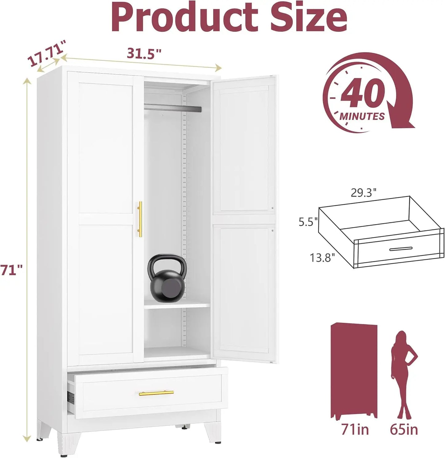Metal Armoire Wardrobe Closet Cabinet With Drawer And Hanging Rod, Tall Storage Cabinet With Double Doors And Adjustable Shelf, Clothing Storage Organizer Locker For Bedroom Gym, 1 Piece