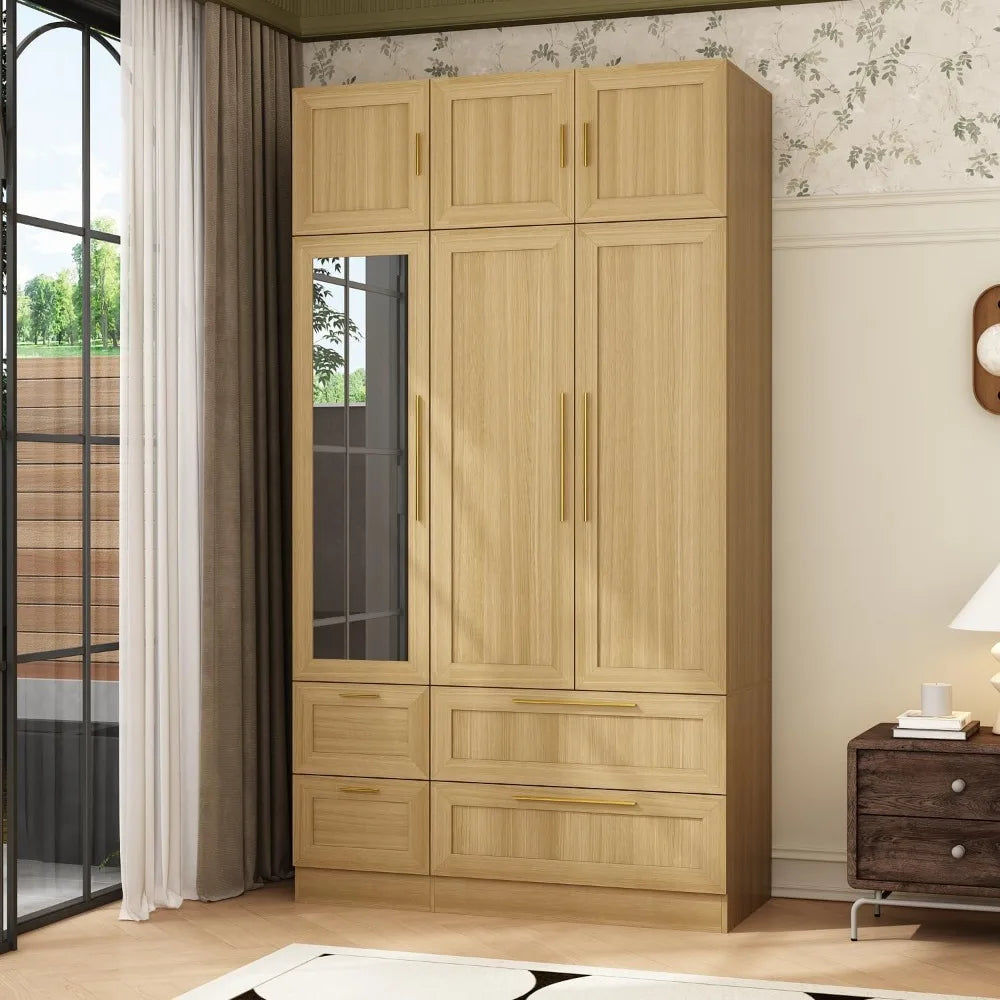 Wardrobe Closet with Mirror, 3 Door Wardrobe with Hanging Rod, 4 Drawers, Shelves, Modern Bedroom Armoire with Gold Handle, Oak