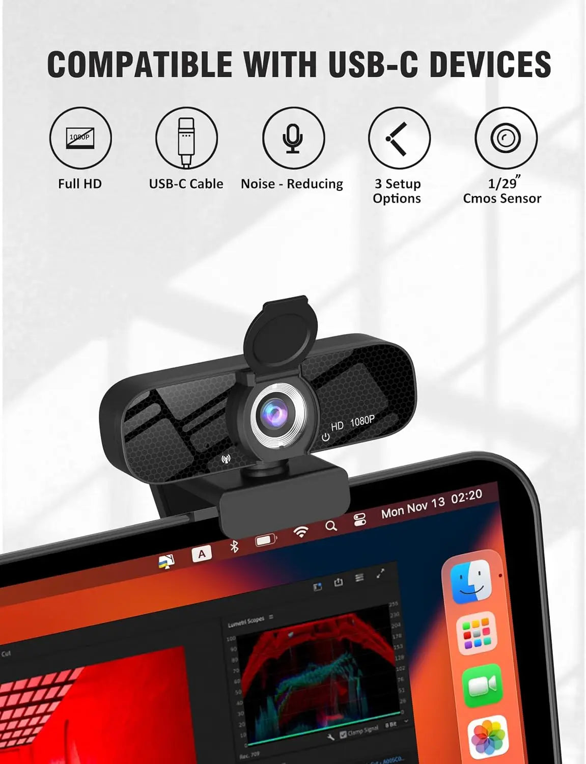 USB HD Webcam with Built-in Microphone, 1080P Video, Wide Angle, Privacy Cover, Rotatable Tripod for PC Laptop