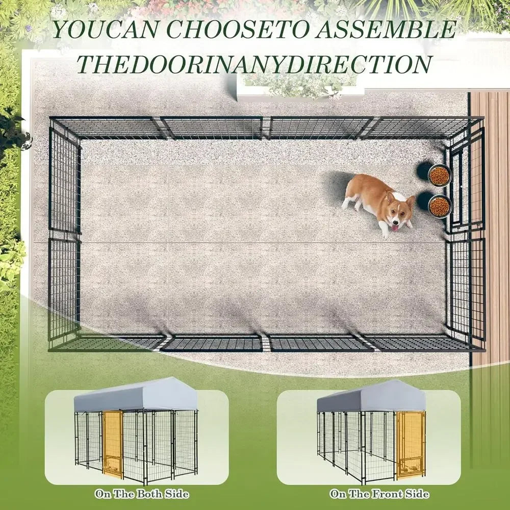 8x4x5.7ft Outdoor Dog Kennel with Waterproof Roof & 2 Rotating Bowls for Large Dogs, Secure Steel Exercise Enclosure