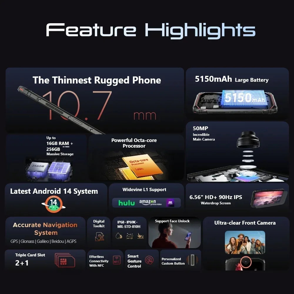 Global Version DOOGEE Blade10 Pro Rugged Phone 30GB(6+24) 256GB 6.56" 90Hz IPS UNISOC T7200 Octa Core 50MP Camera Android 15 NFC