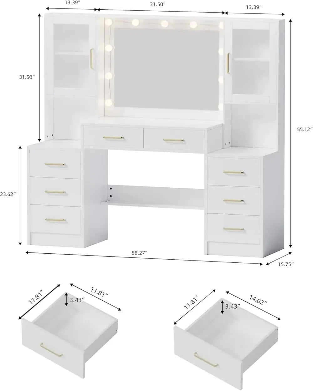 58.3" Vanity Desk with Mirror, Charging Station, 8 Drawers & 2 Cabinets - Large Makeup Dressing Table for Bedroom