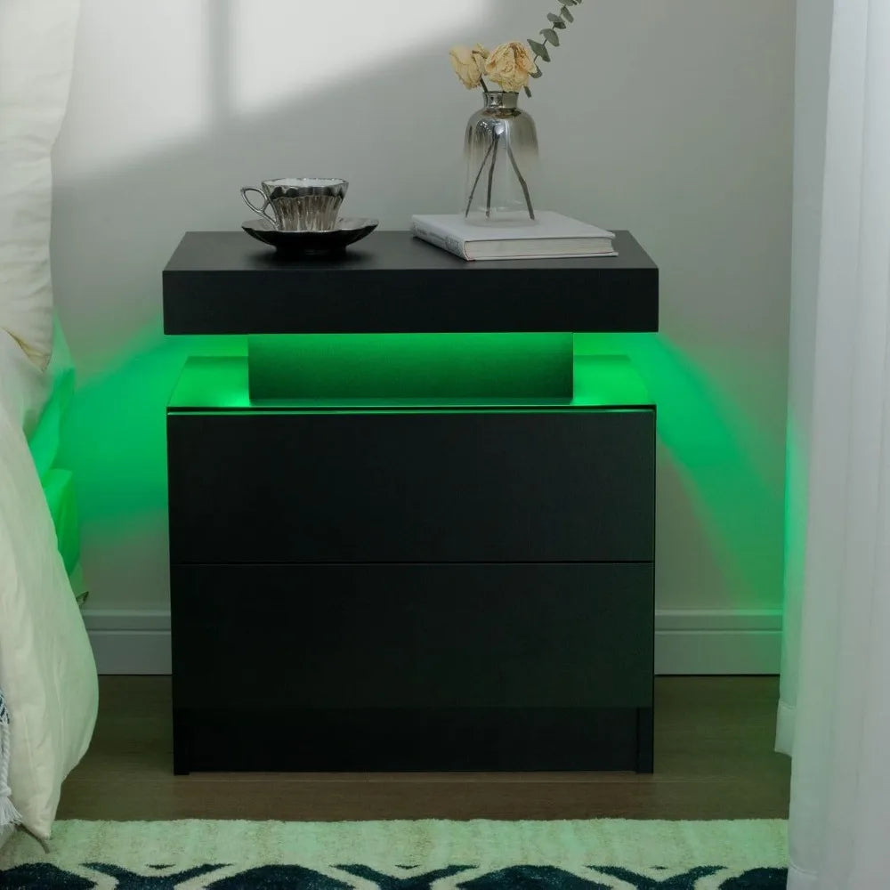 Nightstand LED Set of 2 Black Bedside Table LED Night Stand with LED Lights Modern End Side Table with 2 Drawers for Bedroom