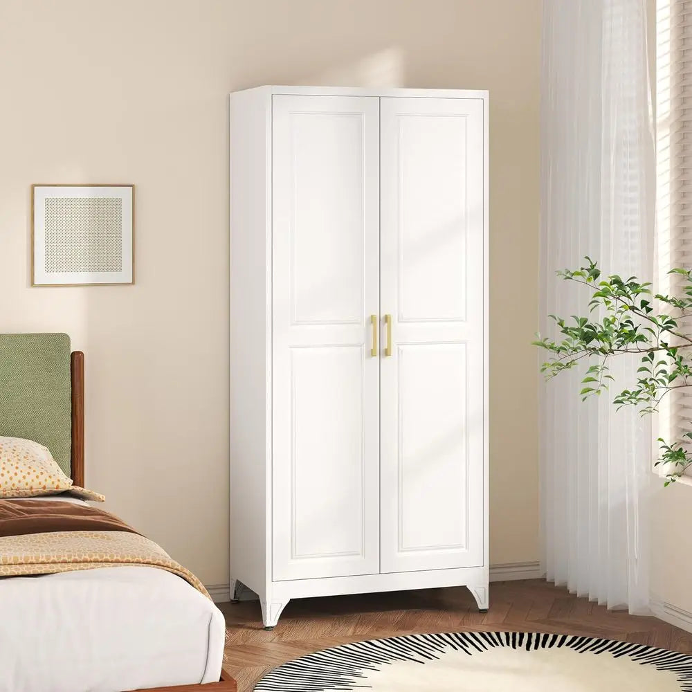 Metal Wardrobe Cabinet with Hanging Rod, 71" Tall Armoire Wardrobe Closet with 2 Doand Adjustable Shelves, White Clothing Storag