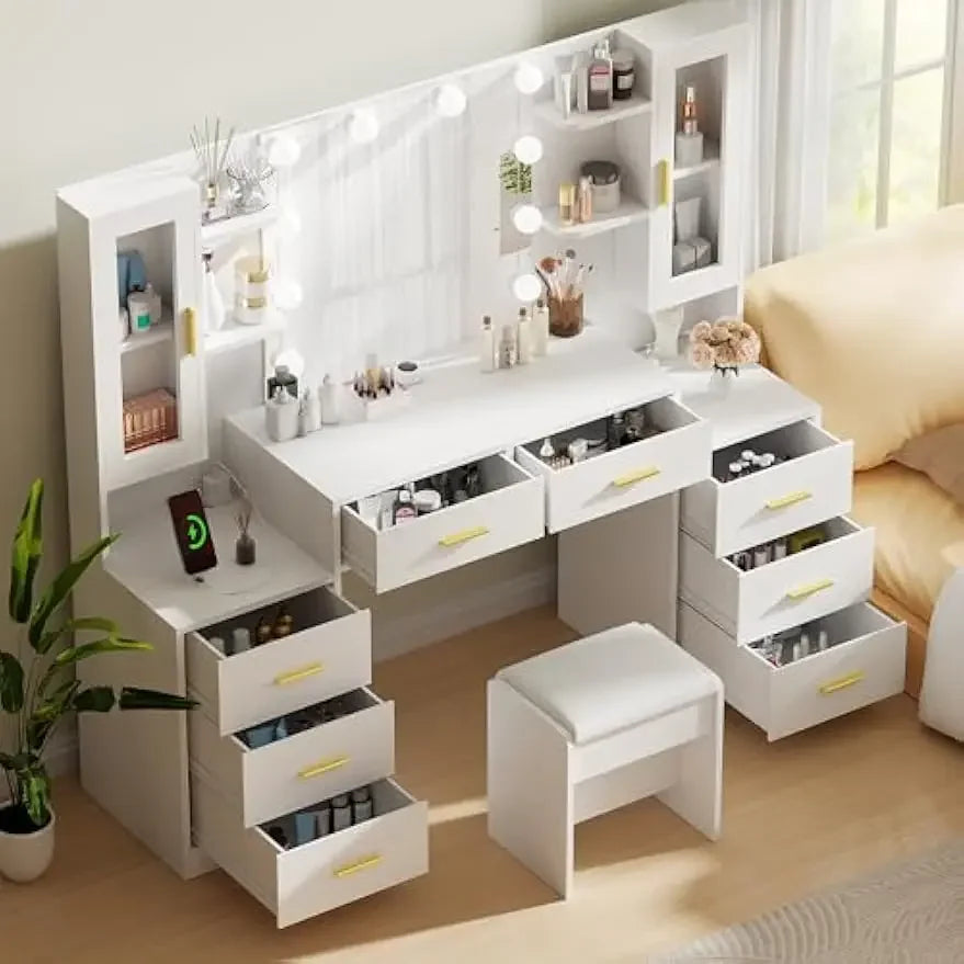 [Discounted Price!]59.1" Large Vanity Desk Table with Mirror & Lights White Makeup Vanity with Power Outlet and 8 Drawers 3 Ligh