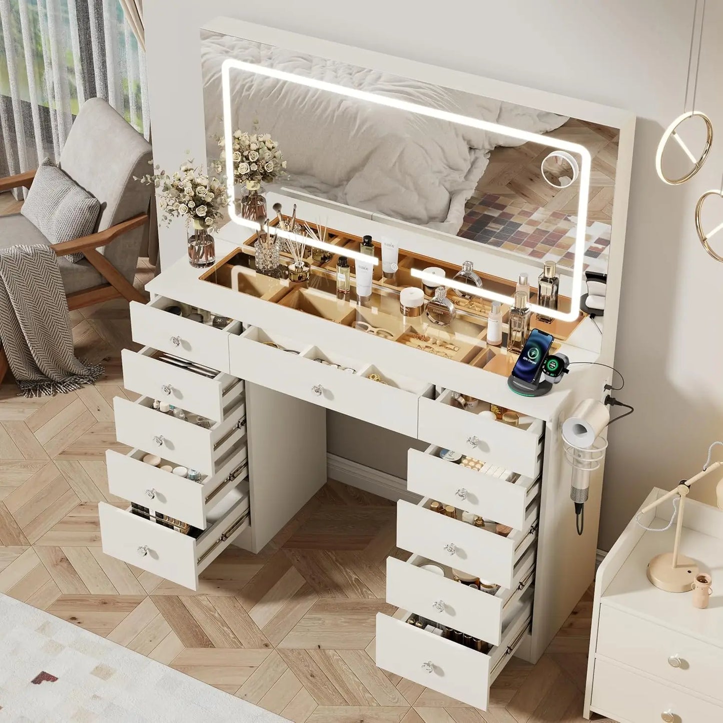 White Makeup Vanity with 11 Drawers, LED Mirror, 3 Lighting Modes, Adjustable Brightness, Glass Top – Bedroom Vanity Desk